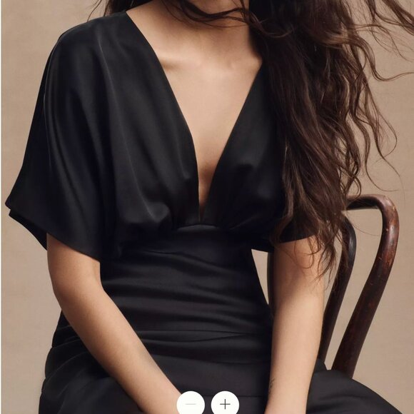 BHLDN / Anthropologie Leila Deep-V Flutter-Sleeve Satin A-Line Gown - Picture 2 of 5